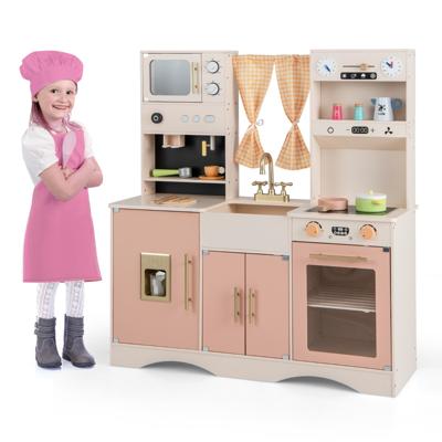Kinderkeuken met Kookaccessoires Speelkeuken Hout met Magnetron Koffiezetapparaat Ijsmachine Gootsteen en Oven Speelgoedkeuken (Roze)