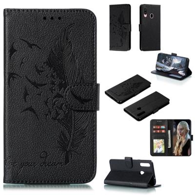 Voor Galaxy A20s Feather patroon Litchi textuur horizontale Flip lederen draagtas met houder & portemonnee & kaartsleuven (zwart)