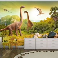 Fotobehang - Vliesbehang Dinosaurus , beige groen, kinderkamerFotobehang - Vliesbehang, Grappige dieren , kinderkamer, geen behangtafel nodig ,premium print