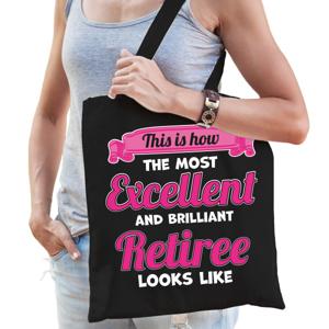 Cadeau tas voor dames - Pensioen - leukste collega - zwart/roze - katoen - 42 x 38 cm