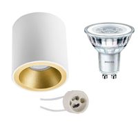 Opbouwspot Set - Pragmi Cliron Pro - GU10 Fitting - Opbouw Rond - Mat Wit/Goud - Verdiept - Ø90mm - Philips - CorePro 830 36D - 3W - Warm Wit 3000K - Dimbaar