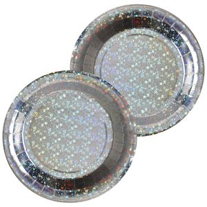 Feest wegwerpbordjes - glitter - 20x stuks - 23 cm - zilver