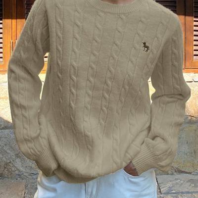 Bon&Bon Women's Navy Blue Polo Collar Cable-Knit Embroidered Sweater Khaki / S