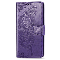 iPhone 15 Plus hoesje - Bookcase - Pasjeshouder - Portemonnee - Vlinderpatroon - Kunstleer - Donkerpaars - thumbnail