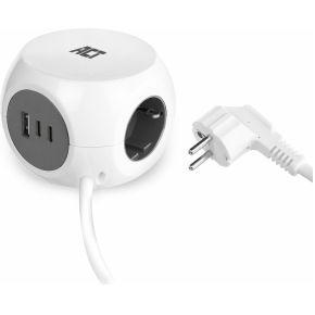 ACT Stekkerdoos kubus met 3 type F stopcontacten. 30W Power Delivery USB-C/A poorten. kabellengte 1