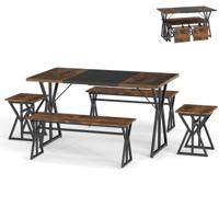 5-delige Eetset voor 4-6 Personen Industriële Rechthoekige Keukentafel met 2 Banken en 2 Krukken