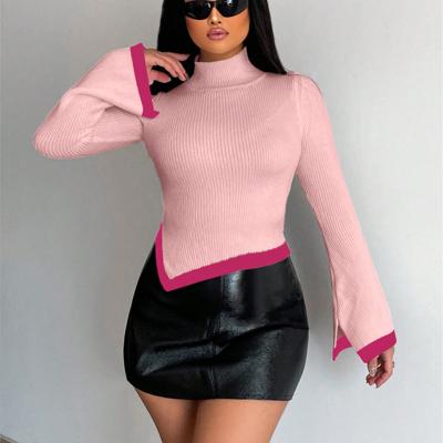 Ribbed Colorblock Sweater - Asymmetric Hem Flounce Sleeve Top Pink / S