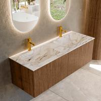 Badmeubel Mondiaz Kurve-Dlux | 130 cm | Meubelkleur Walnut | Wastafelkleur Glace | Solid surface | Dubbele spoelbak | 2 kraangaten