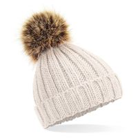 Gebreide winter muts beige met nep bont pompon voor dames/heren   - - thumbnail