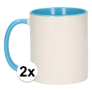 Koffiemok / thee beker - 2x - 300 ml - Wit/blauw - Cadeau mokken - keramiek