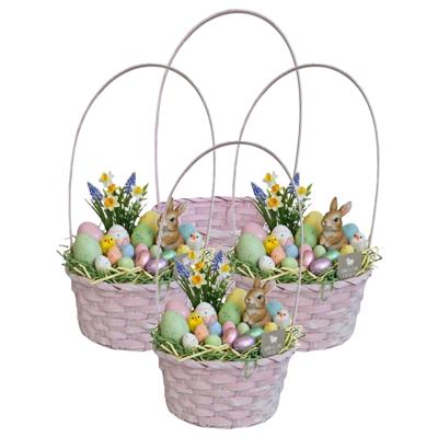 Rieten mandje met hengsel - 4x - lichtroze - D20 x H38 cm - paasmandje