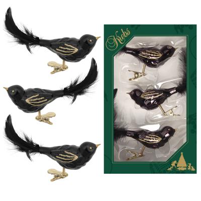 Krebs Decoratie vogels - 3x - zwart - 11 cm - op clip - glas - kerstboomversiering