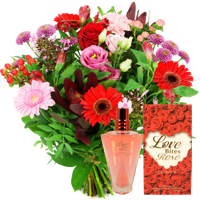 Moederdag boeket roze rood + rozenparfum - thumbnail
