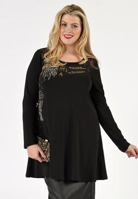 Yoek Shirt strass wide bottom | Zwart | Maat Plus
