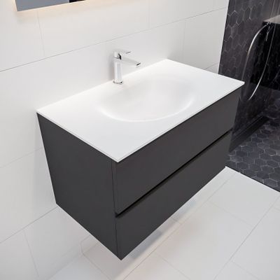 Mondiaz Vica Moon badmeubel antraciet mat 80 cm 2 lades solid surface enkele spoelbak midden 1 kraangat