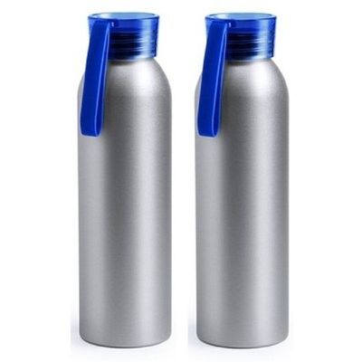 2x Aluminium drinkfles/waterfles met blauwe dop 650 ml