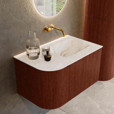 Badmeubel Mondiaz Kurve-Dlux | 75 cm cm | Meubelkleur Ruby | Wastafelkleur Frappe | Solid surface | Wasbak rechter zijde spoelbak | Zonder kraangat(en)