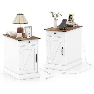 Bijzettafel Dressoir Met Oplaadstation Nachtkastje Met Neerklapbaar Tafelblad (Set van 2)-Wit