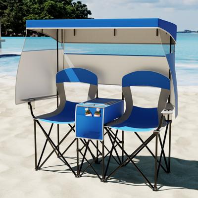 Campingstoel met Verstelbare Zonnebescherming Opvouwbare Stoel met Koeltas & Bekerhouder Marineblauw