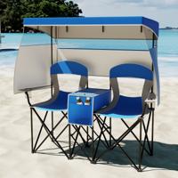 Campingstoel met Verstelbare Zonnebescherming Opvouwbare Stoel met Koeltas & Bekerhouder Marineblauw