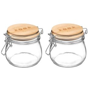 2x stuks voorraadbussen/voorraadpotten 0,5L glas met houten deksel en beugelsluiting - Voorraadpot