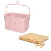 Wasknijpersmandje met ophanghaak - roze - en 60x houten wasknijpers 7 cm - knijperszakken - thumbnail