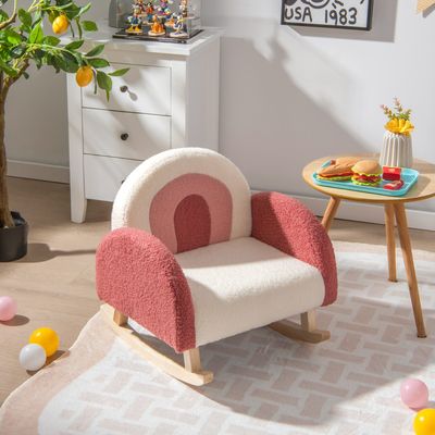 Kinderschommelstoel Teddy Pluche Stoel met Schommelpoten Gemaakt van Populierenhout Rood