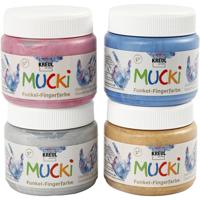 Creativ Company Mucki vingerverf, metallic blauw, goud metallic, metallic roze, zilver metallic, 4x150 ml/ 1 doos