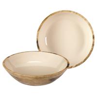 Salade serveer schaal - 2x - Fruitschaal/fruitmand - mango hout - D33 x H8 cm - bruin/beige Salade serveer schaal - 2x - Fruitschaal/fruitmand - mango hout - D33 x H8 cm - bruin/beige