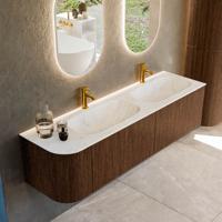 Badmeubel Mondiaz Kurve-Dlux | 165 cm | Meubelkleur Walnut | Wastafelkleur Opalo | Solid surface | Dubbele spoelbak | 2 kraangaten
