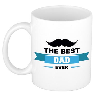 The best dad ever kado koffiemok - beker - wit met wimpel en snor - Vaderdag / verjaardag