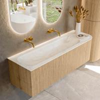 Mondiaz KURVE-DLUX 145 cm Onderkast Greeploos 1 Lade Met Deuren Oak, Wastafel Solid Surface Links Ostra 0 Kraangaten Zonder Spiegel (KRVBGL145R1L1D0KL-Oak/Ost)