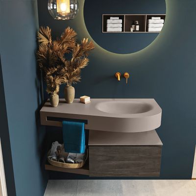 MONDIAZ RIVA 100cm badmeubel onderkast / planchet kleur Dark_Brown met 1 lade. Wastafel DULCET rechts 0 kraangaten kleur Smoke. MONDIAZ RIVA 100cm badmeubel onderkast / planchet kleur Dark_Brown met 1 lade. Wastafel DULCET rechts 0 kraangaten kleur Smoke.