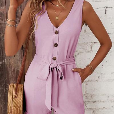 Bon&Bon Black V-Neck Tank Romper - Belted Sleeveless Casual Jumpsuit Lilac Purple / S