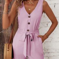 Bon&Bon Black V-Neck Tank Romper - Belted Sleeveless Casual Jumpsuit Lilac Purple / S