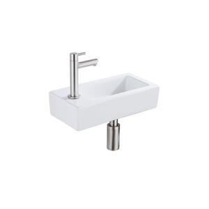 QeramiQ Fuente Fonteinset - 37.5x18.5x9cm - keramiek - kraangat links - fonteinkraan geborsteld RVS - afvoerplug - verlaagd sifon - Glans wit SW1122449/SW696207/SW696217/SW696237