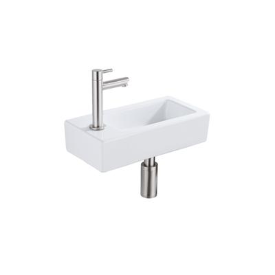 QeramiQ Fuente Fonteinset - 37.5x18.5x9cm - keramiek - kraangat links - fonteinkraan geborsteld RVS - afvoerplug - verlaagd sifon - Glans wit SW1122449/SW696207/SW696217/SW696237