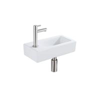 QeramiQ Fuente Fonteinset - 37.5x18.5x9cm - keramiek - kraangat links - fonteinkraan geborsteld RVS - afvoerplug - verlaagd sifon - Glans wit SW1122449/SW696207/SW696217/SW696237