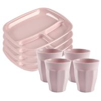 Servies van kunststof - 4x vakjesborden en 4x drinkbekers - roze - thumbnail