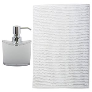 MSV badkamer droogloop mat/tapijt - Sienna - 90 x 60 cm - bijpassende kleur zeeppompje - wit - Badmatjes