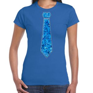 Verkleed t-shirt voor dames - stropdas blauw - pailletten - blauw - carnaval - foute party