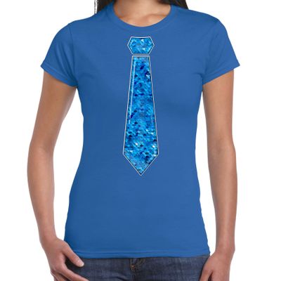 Verkleed t-shirt voor dames - stropdas blauw - pailletten - blauw - carnaval - foute party