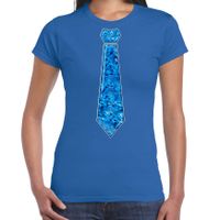 Verkleed t-shirt voor dames - stropdas blauw - pailletten - blauw - carnaval - foute party