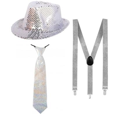 Folat Verkleedkleding set - hoed met stropdas en bretels - zilver - glitters - volwassenen