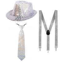 Folat Verkleedkleding set - hoed met stropdas en bretels - zilver - glitters - volwassenen