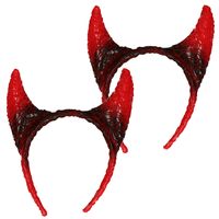 Halloween diadeem - 2x - duivel hoorntjes - rood/zwart - kunststof - tiara/haarband - thumbnail