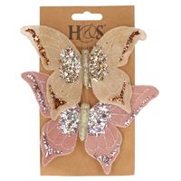 2x stuks kunststof decoratie vlinders op clip roze en beige 10 x 15 cm   -