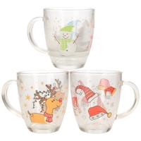 Kerst mokken set - 6x stuks - glas - feestelijke kerst prints mix - 3 soorten - vaatwasbestendig