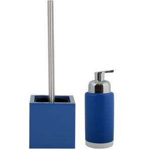 Toiletborstel in houder 38 cm/zeeppompje set Moods - mdf hout/keramiek - blauw