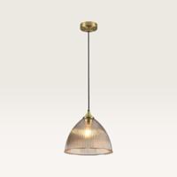 Hanglamp Ciotola ambra pendente - Koepelvormige bol van geribbeld amberkleurig glas en metalen gouden drager - Zonder lichtbron